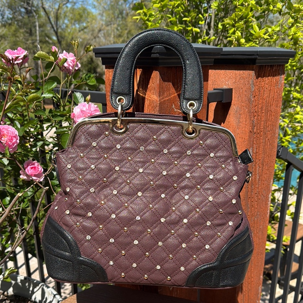 Sharif Brown and Black Quilted Satchel with Studded Accents